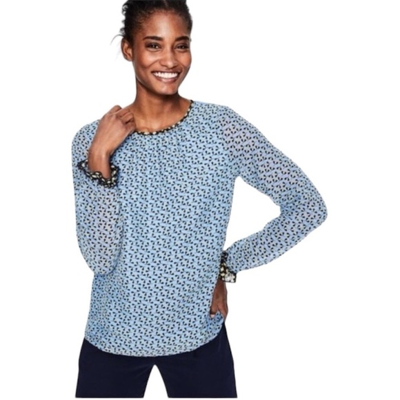 Boden Blue Floral Long sleeve Chiffon Ruffle Blouse Size 2 - Picture 2 of 13